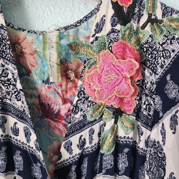 Aratta Silent Journey Chic Blue and Cream Floral High Low Bohemian Dress - Picture 3 of 16